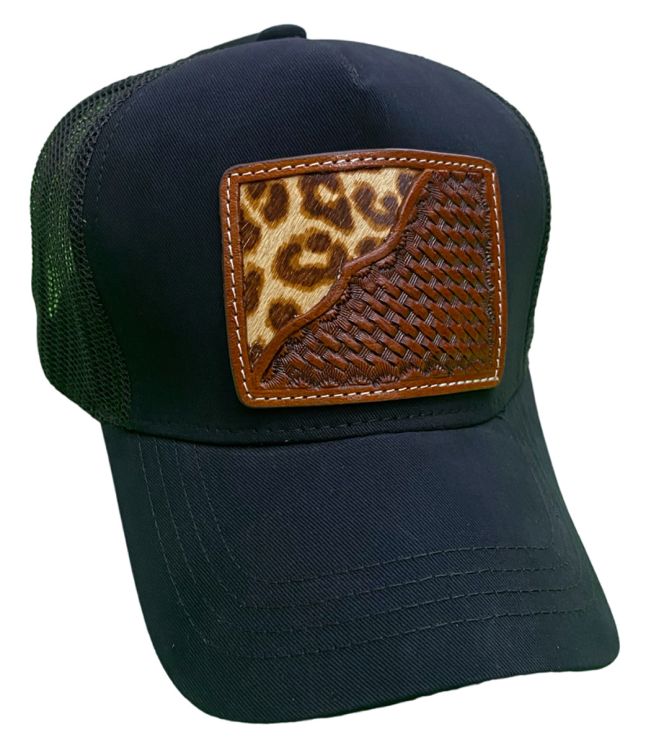 Women's Ponytail Adjustable Baseball Cap - Cheetah Hair on Cowhide/Basket Tooled Leather