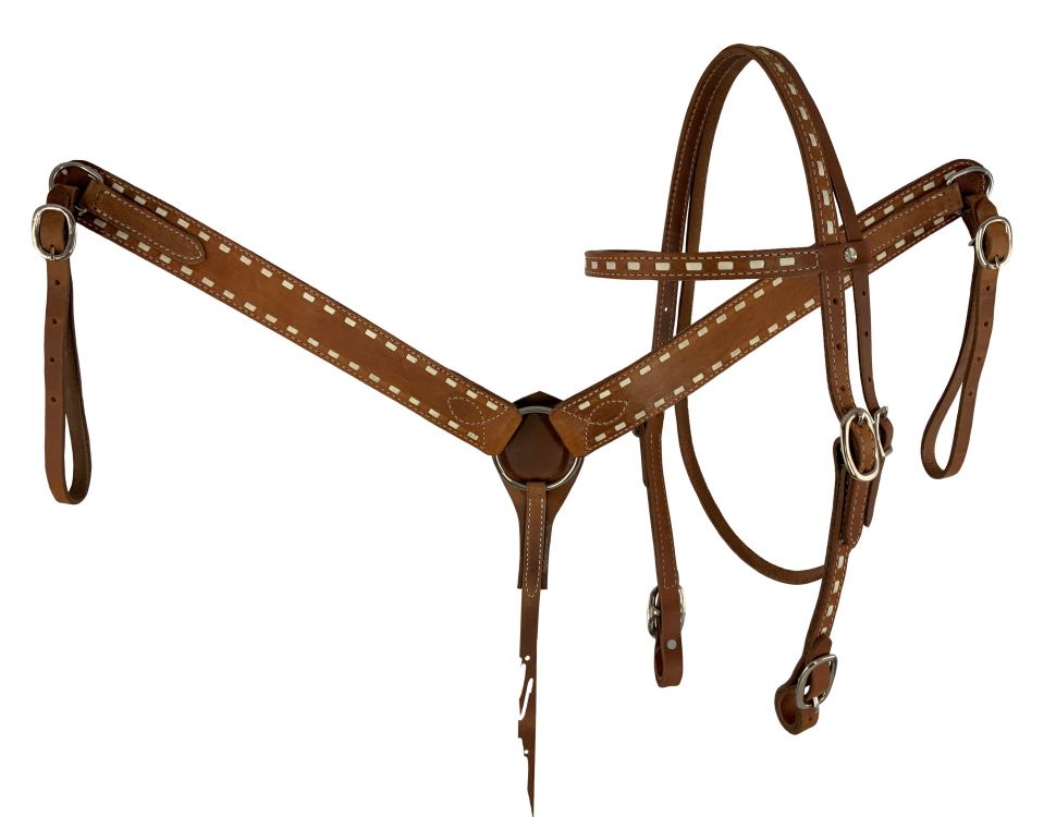 Showman Argentina Cow Leather buck stitched headstall and breast collar set with reins