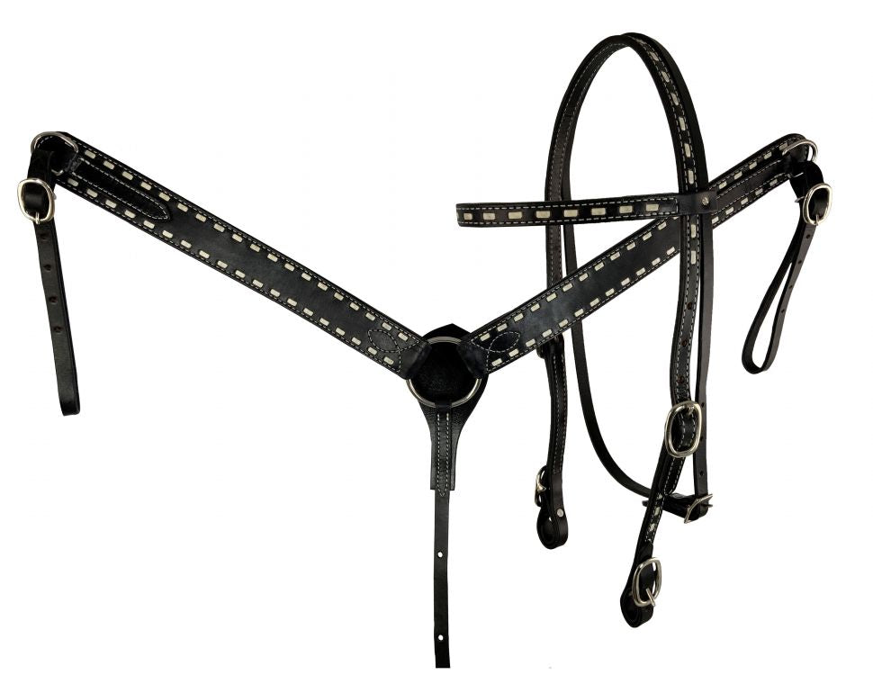 Showman Argentina Cow Leather buck stitched headstall and breast collar set with reins