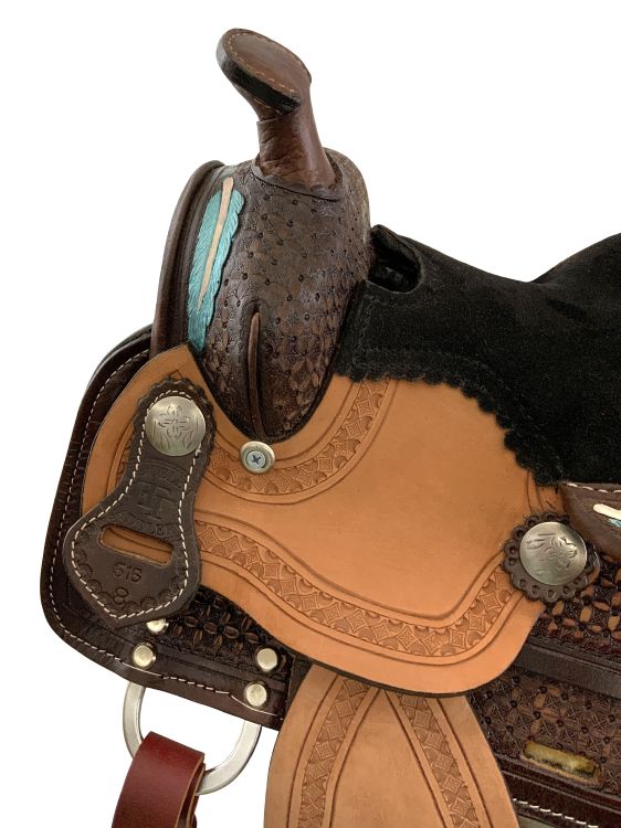 8" Double T Miniature Western Style Saddle - Painted Feather Tooling