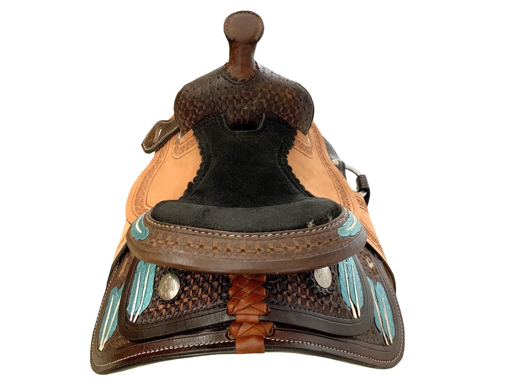 8" Double T Miniature Western Style Saddle - Painted Feather Tooling