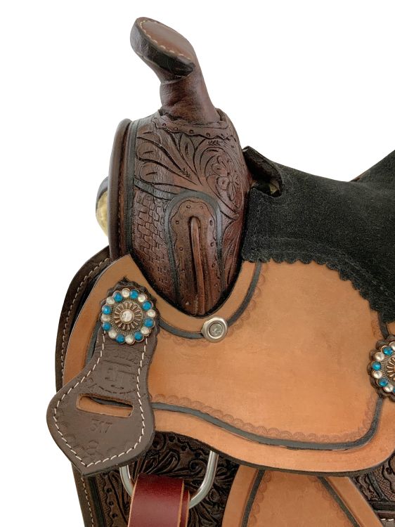 8" Double T Miniature Round Skirt Barrel Saddle - Rhinestone Flower Concho