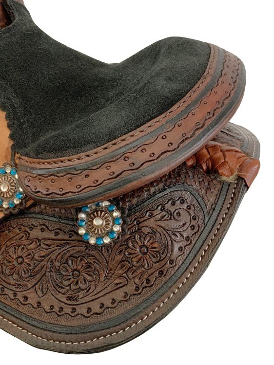 8" Double T Miniature Round Skirt Barrel Saddle - Rhinestone Flower Concho