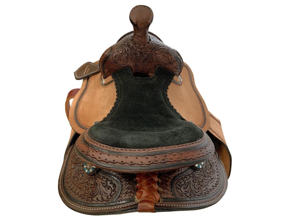 8" Double T Miniature Round Skirt Barrel Saddle - Rhinestone Flower Concho