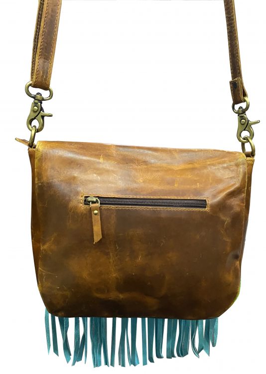 Klassy Cowgirl Leather Crossbody Bag with Teal Fringe