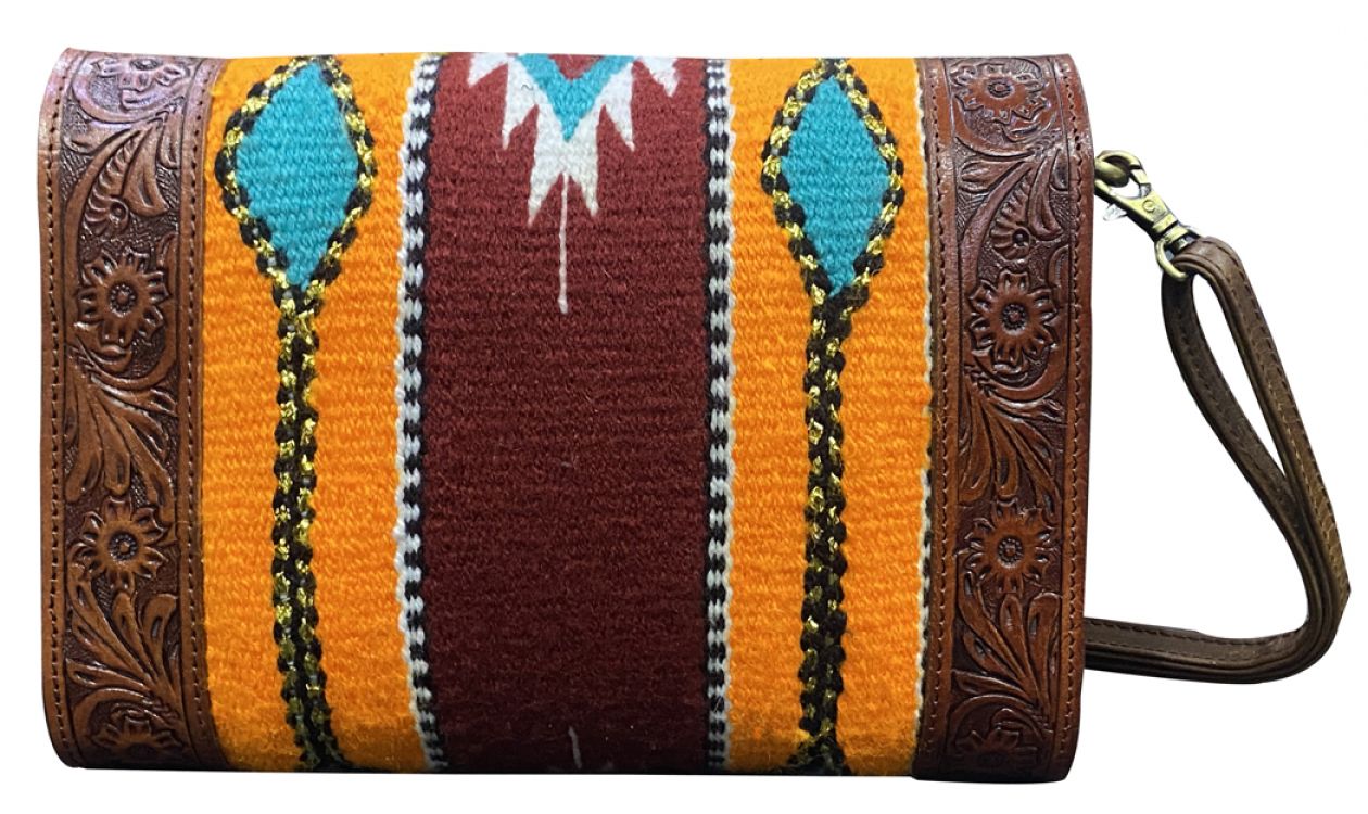 Klassy Cowgirl Tooled Leather and Wool Saddle Blanket Purse - yellow and red