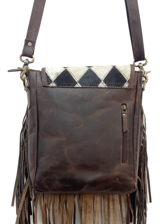 Klassy Cowgirl Leather Conceal Carry Crossbody Bag with diamond pattern hair on cowhide and fringe