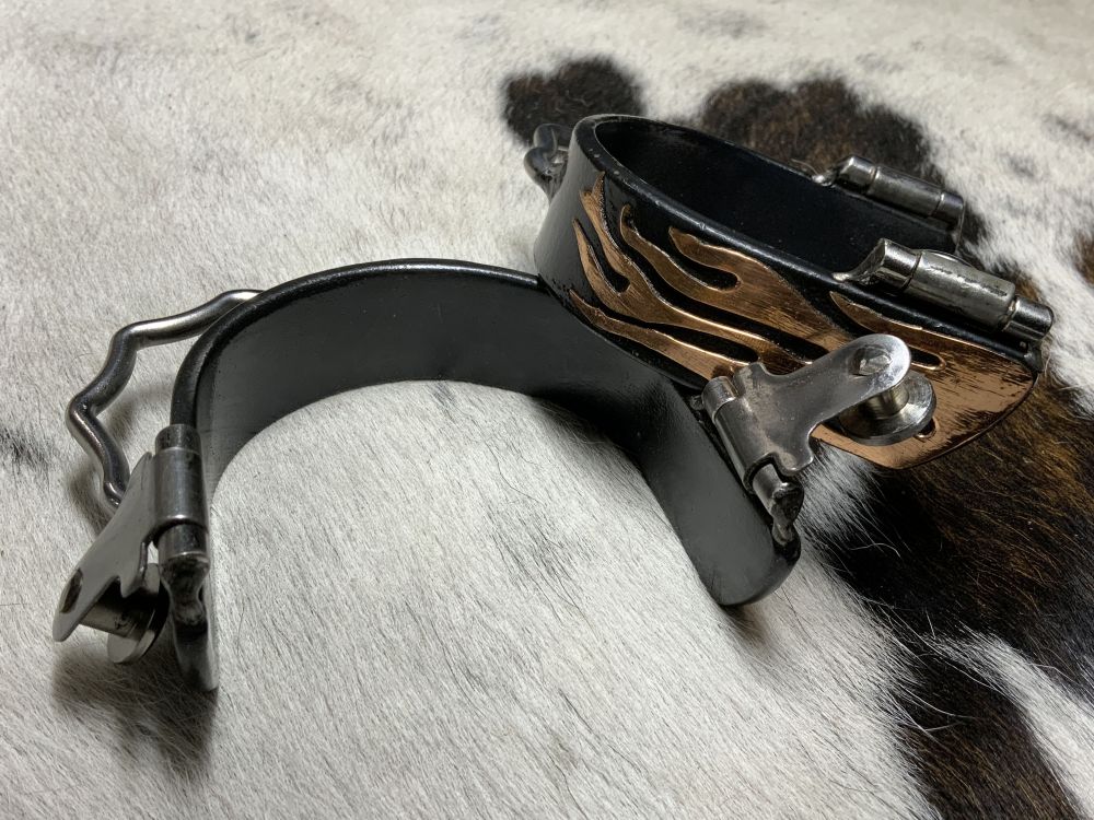 Showman Black Steel Bumper Spurs with Copper Flame Overlay