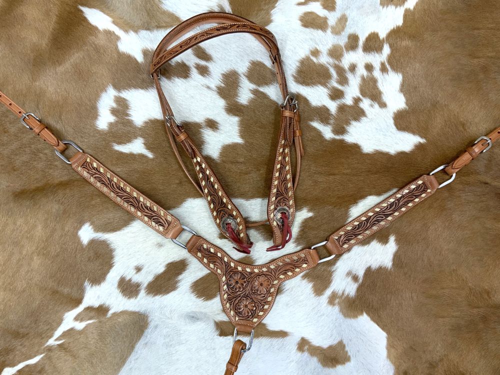 Showman Floral Rawhide Buckstitch Gladiator Style Browband Headstall and Breastcollar Set