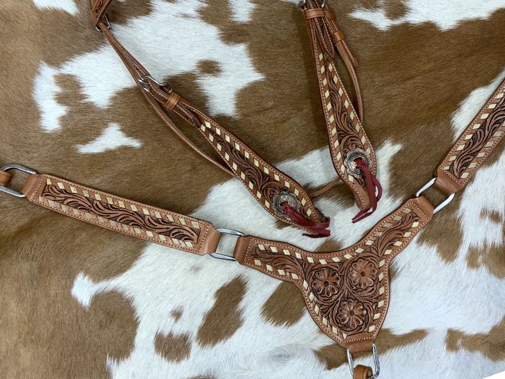 Showman Floral Rawhide Buckstitch Gladiator Style Browband Headstall and Breastcollar Set