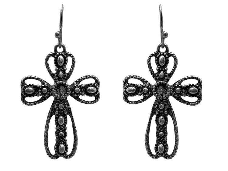 Western Statement Silver Cross Necklace and Earrings Set