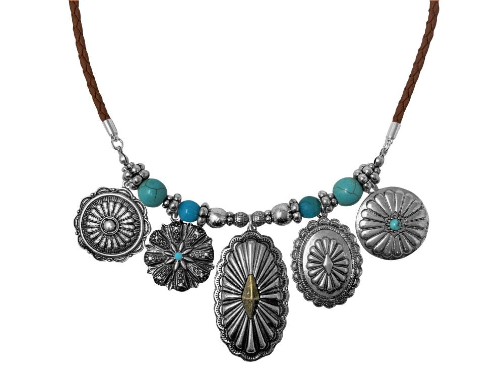 Western Style Concho Charms on Vegan Leather Braided Cord Necklace and Earrings Set