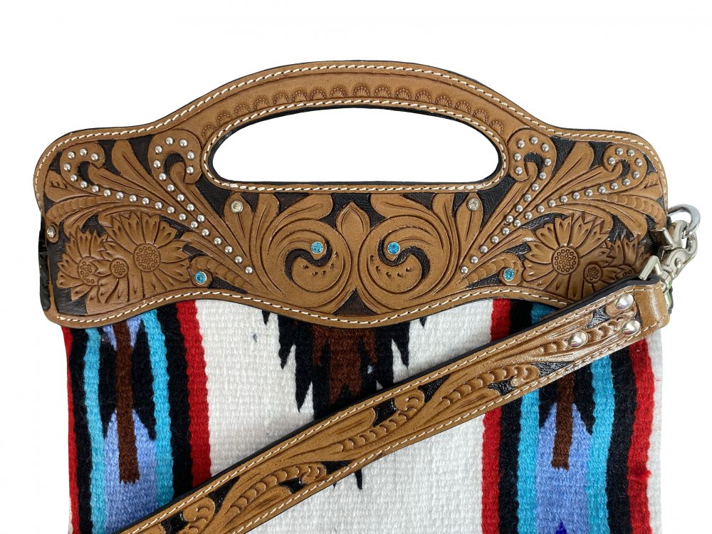 Showman Saddle Blanket Handbag With Genuine Leather Floral Tooled Top, Handle, and Strap