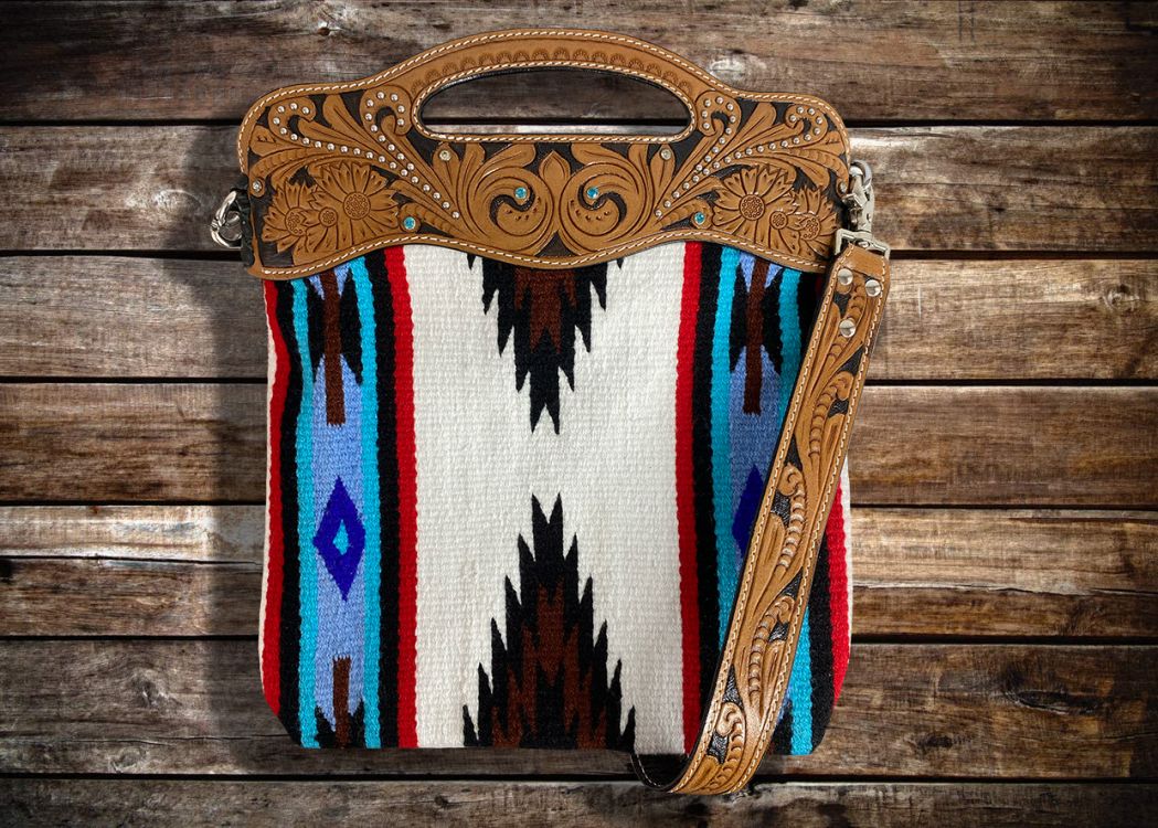 Showman Saddle Blanket Handbag With Genuine Leather Floral Tooled Top, Handle, and Strap