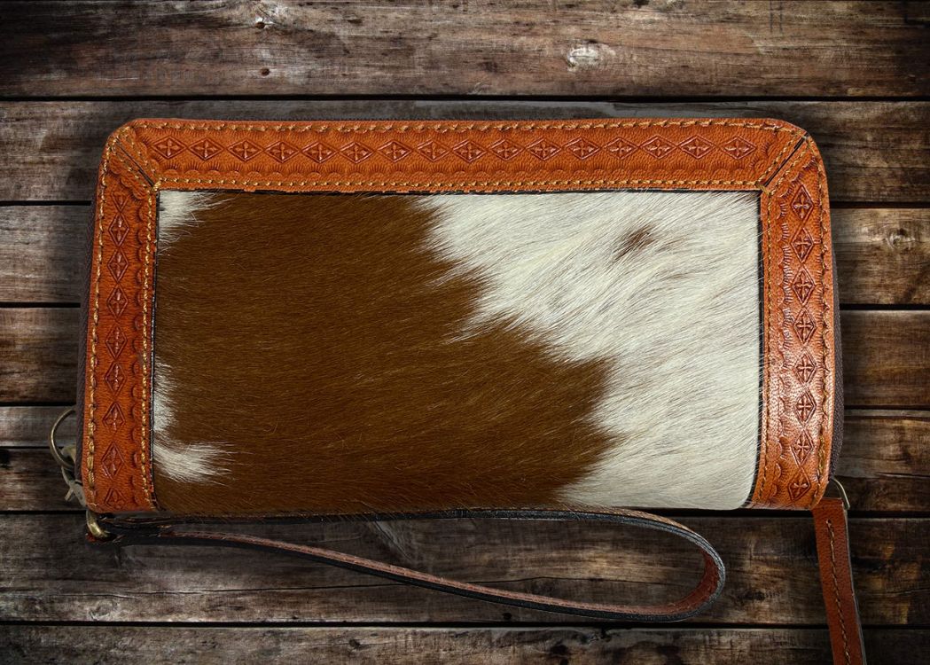 Showman Genuine Leather Hair on Cowhide Clutch Wristlet with Floral Basket Weave Tooling