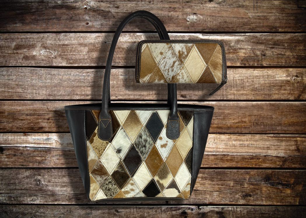 Showman Tri Color Diamond Hair on Cowhide Leather Shoulder Bag and Wallet Set