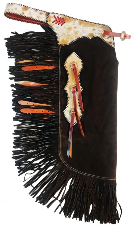 Showman Western Cowboy Chinks with hair-on cowhide accent and brown suede leather