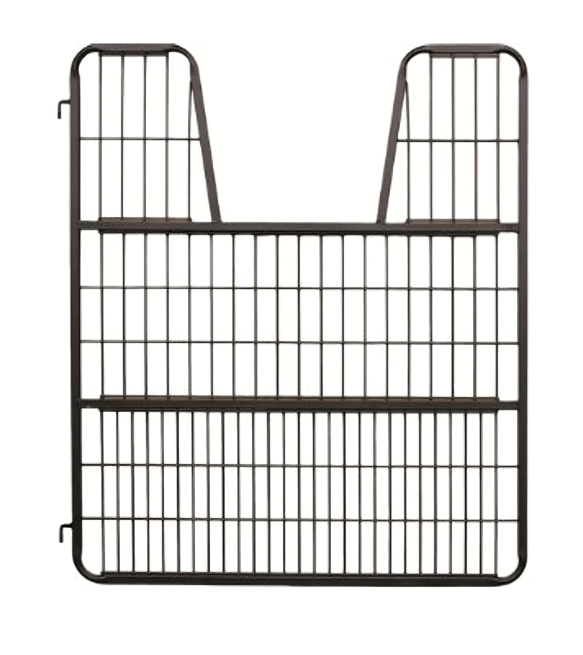 A brown metal horse stall gate with a yoke, featuring a mesh design for visibility and airflow, and constructed from square tubing and wire.