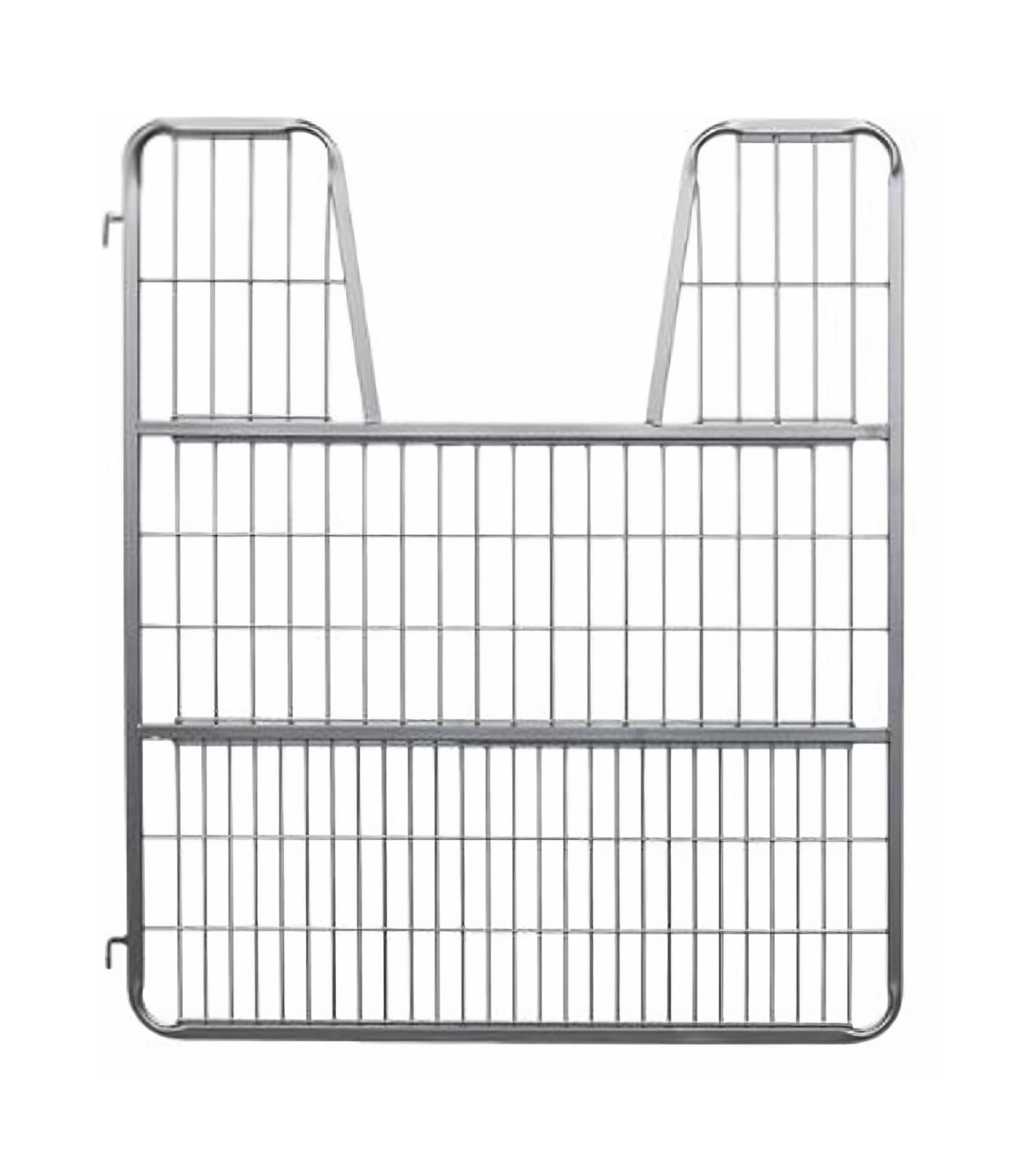 A 62-inch tall horse stall gate made of square tubing and wiring, featuring a yoke for mounting, with a gray powder-coated finish.