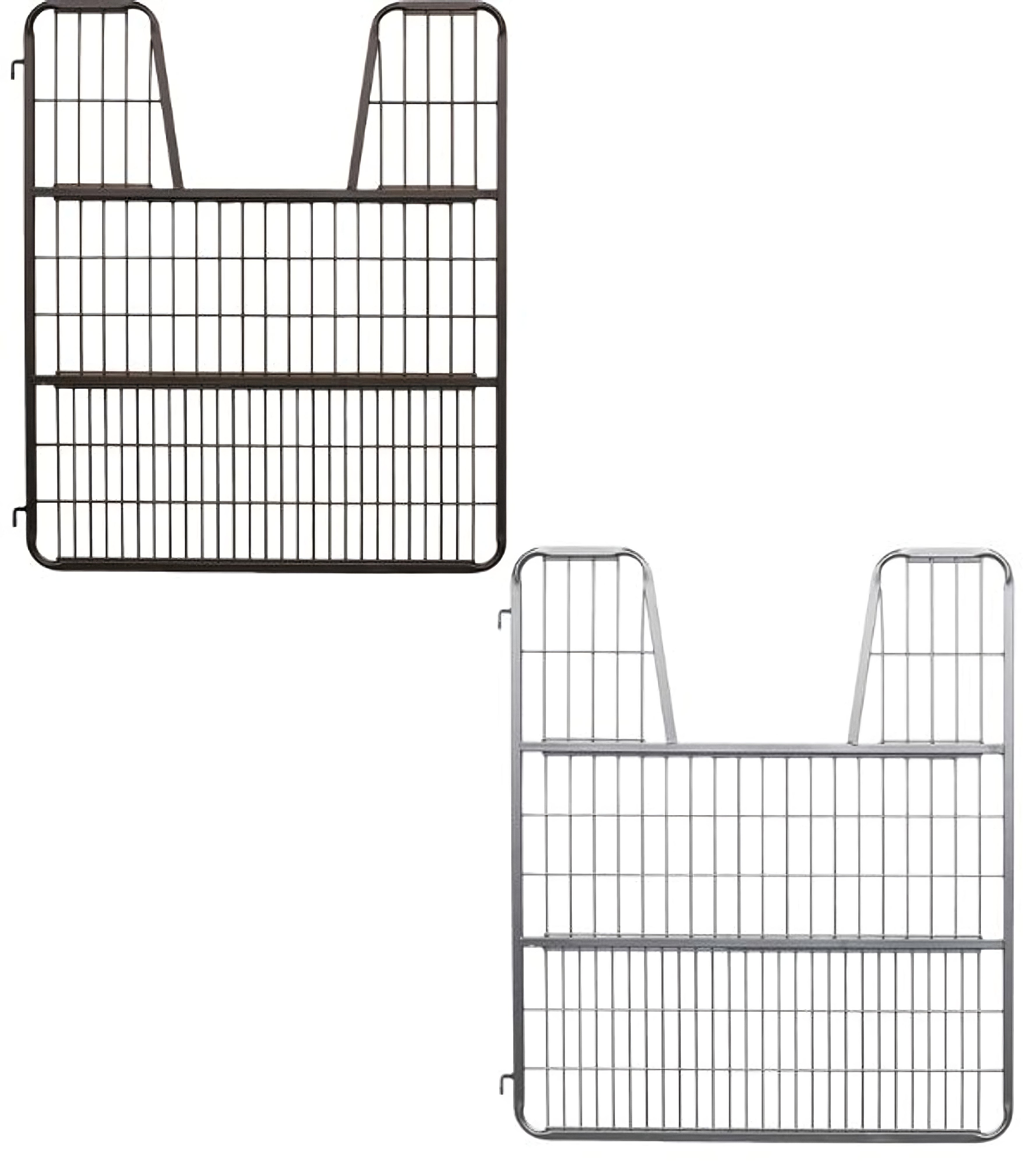 Two views of a metal horse stall gate with a grid pattern, one showing the gate from the front and the other from the side, indicating the construction details.