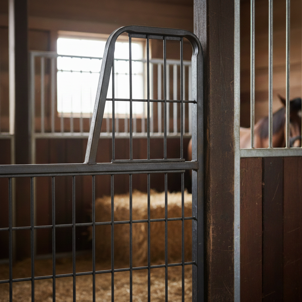 Close up image of silver metal horse stall gate in horse barn