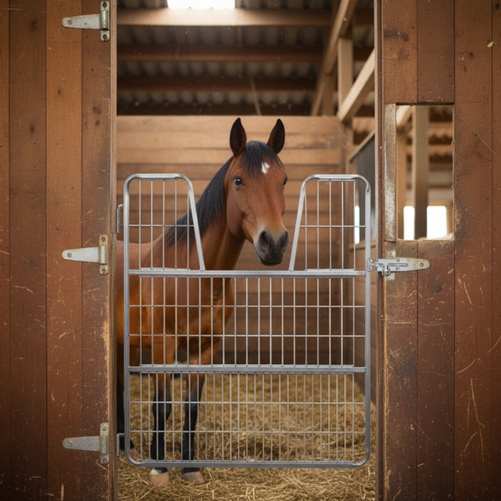 Silver metal horse stall gate in horse barn with a brown horse standing behind the gate in a horse stall
