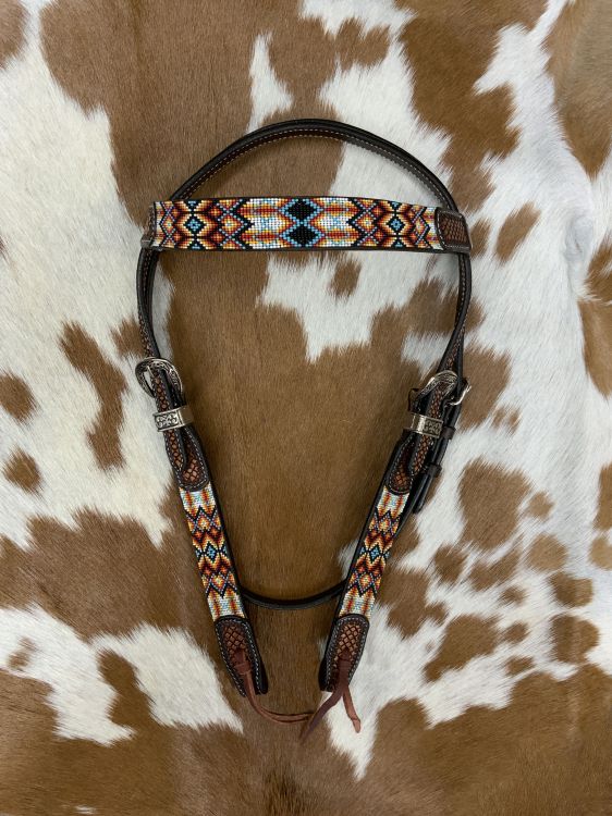 Showman Two Tone Argentina Cow Leather Browband Headstall with Aztec Beaded Inlays