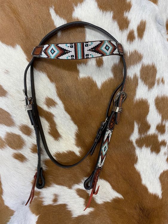 Showman Two Tone Argentina Cow Leather Browband Headstall with Southwest Beaded Inlays