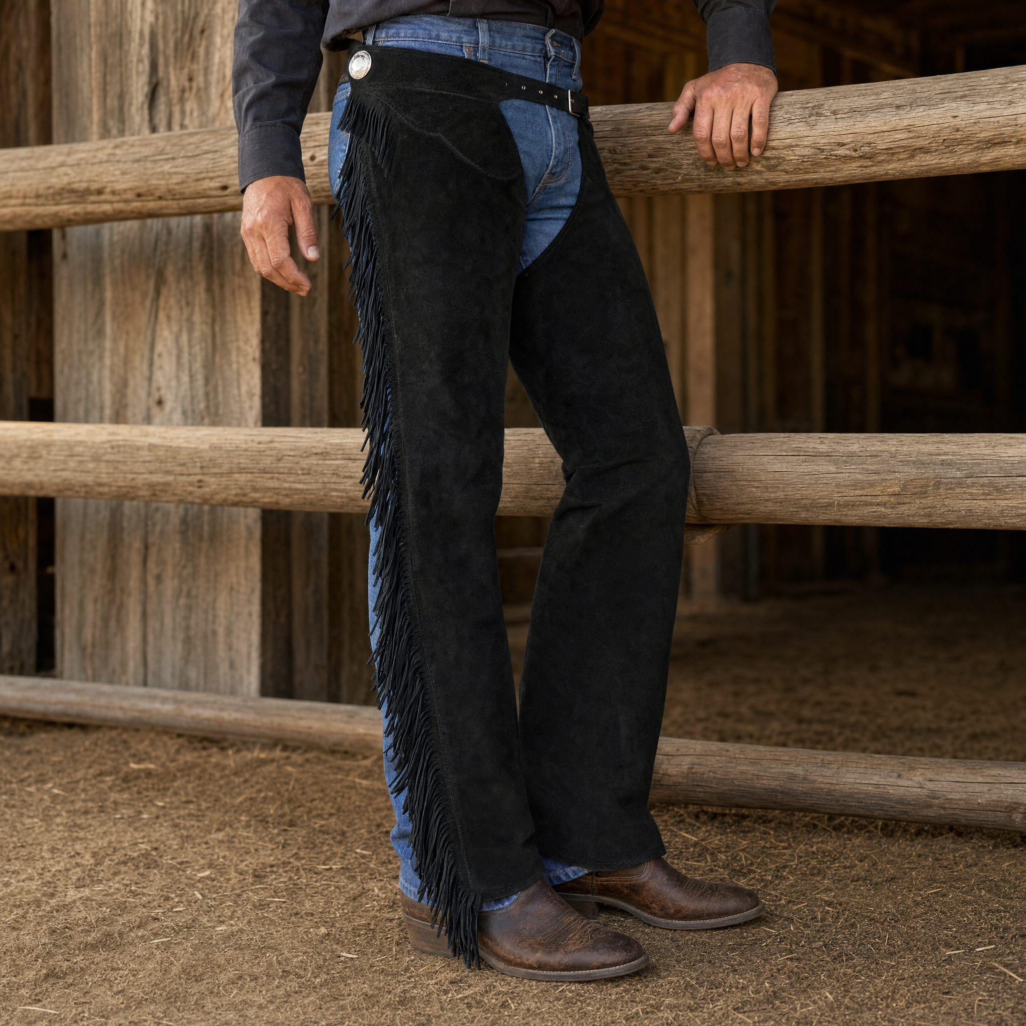 Black Suede Leather Chaps with Fringe lifestyle image showing western rider wearing full leather chaps