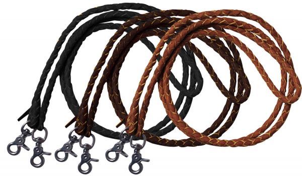 One piece leather braided roping reins with scissor snap ends, 7 ft long.