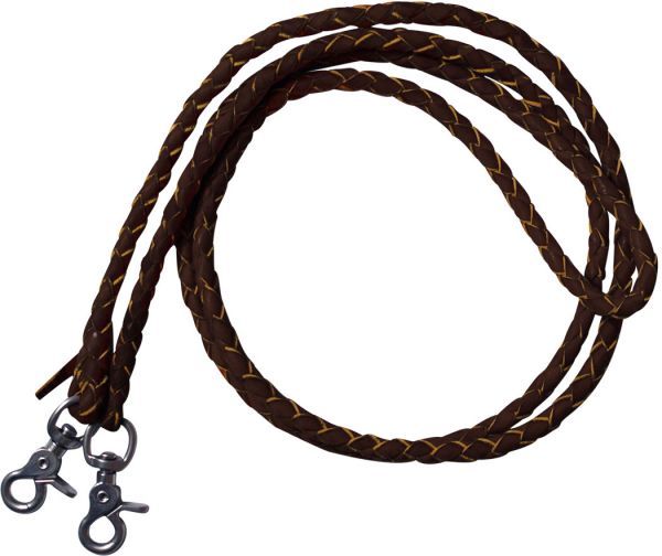 Full view of reins draped over a saddle, emphasizing length and style.