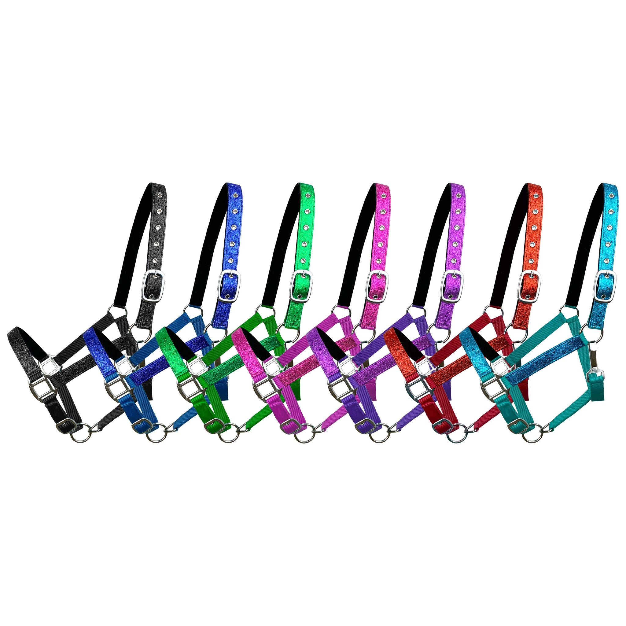 Average horse size nylon glitter halter with neoprene lining and adjustable features.
