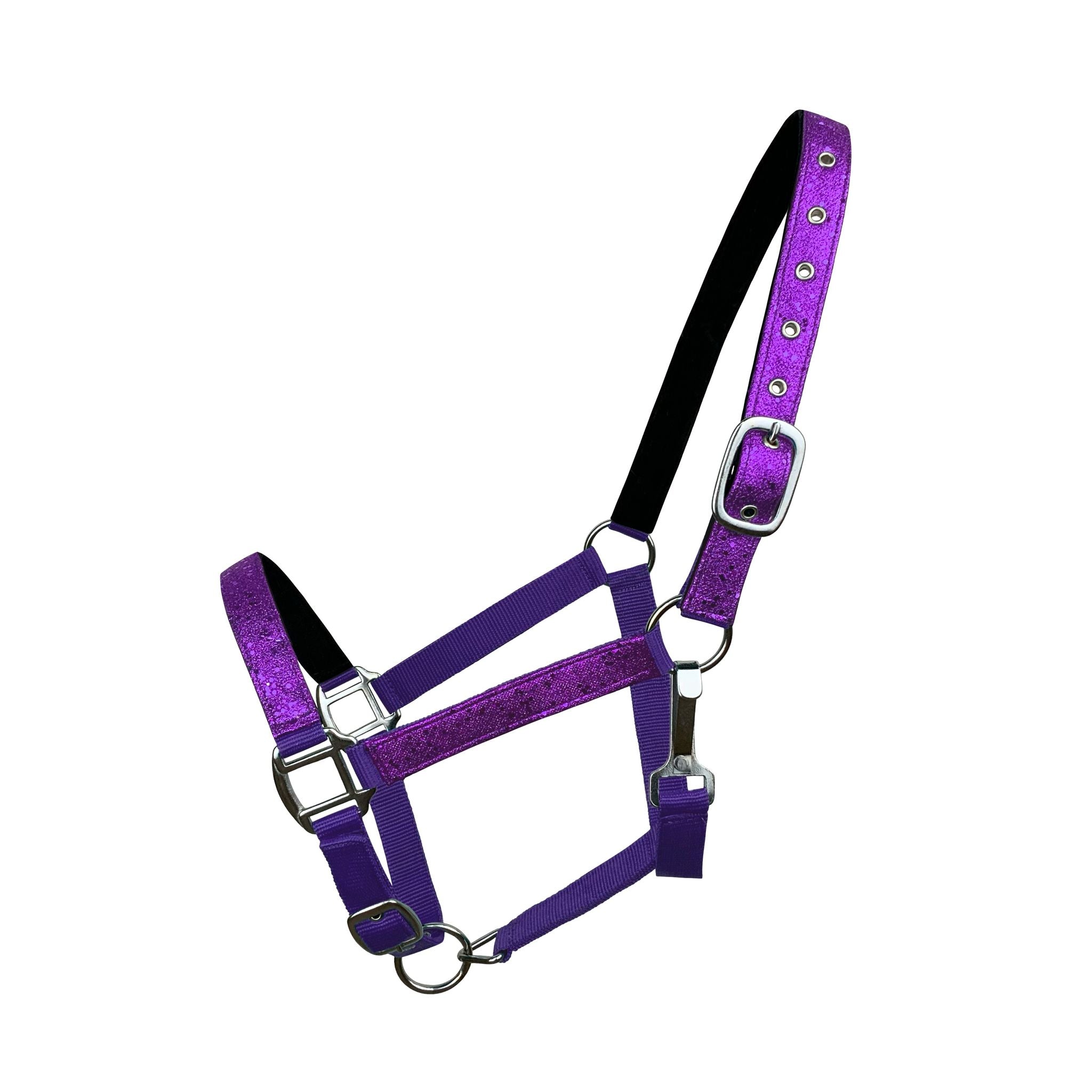 Side view of the halter showcasing its glittery design and structure.