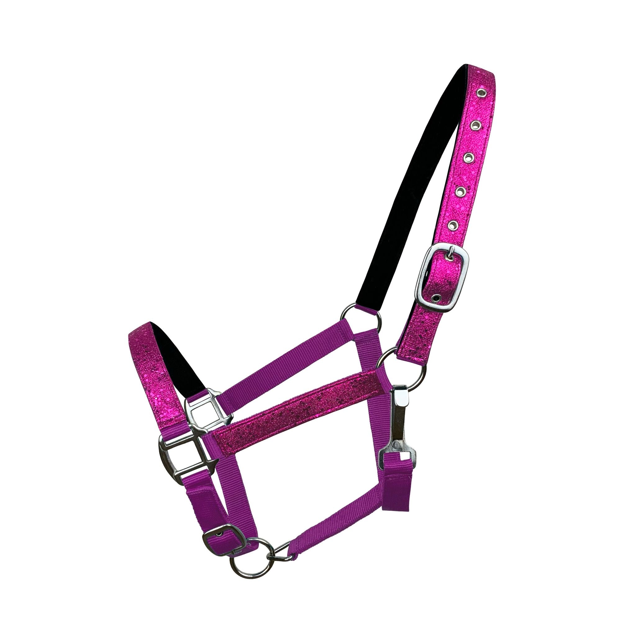 Side view of the halter on a horse, highlighting the stylish glitter design.