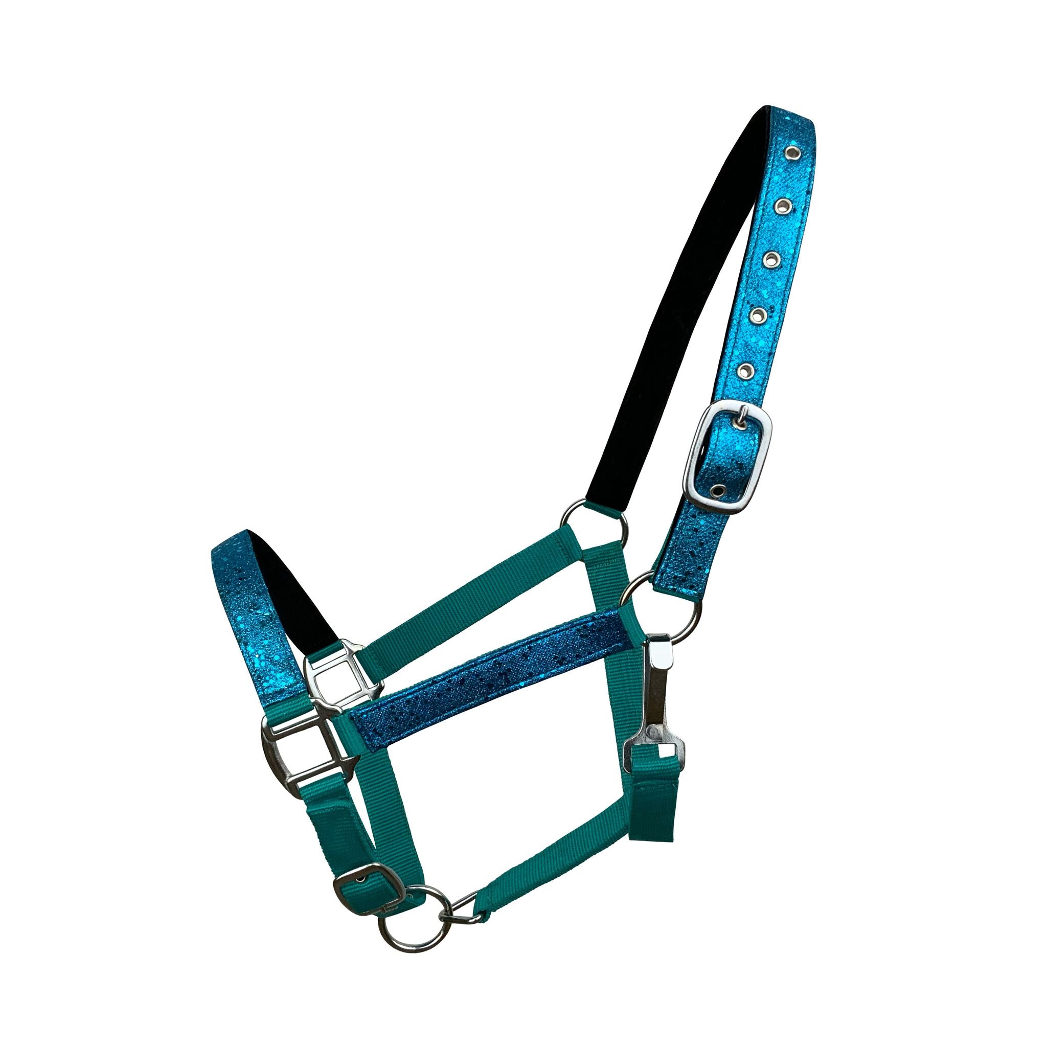 Front view of the halter, capturing the glittery finish and neoprene details.
