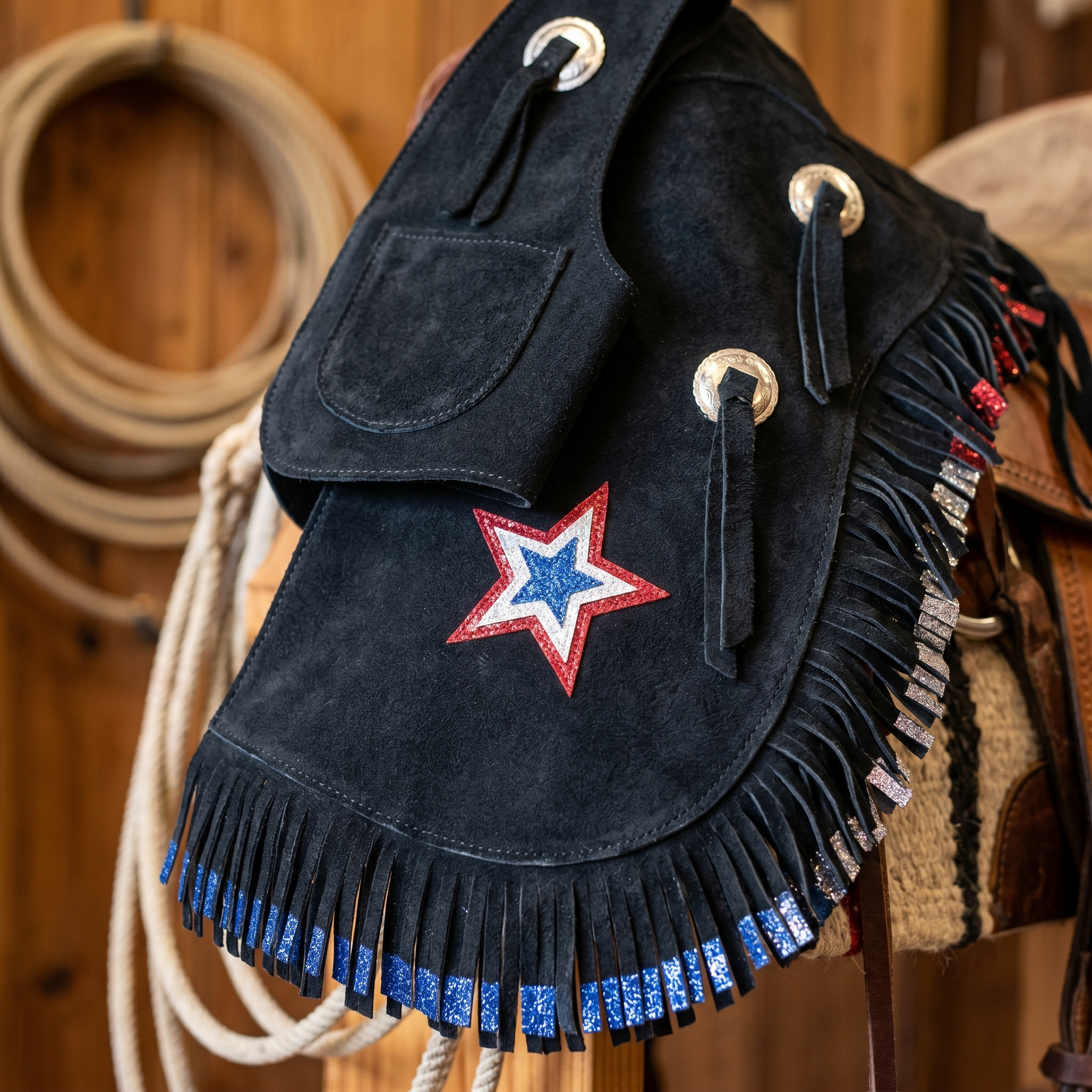 Showman Black Kids Chap and Vest Set with Glitter Stars close-up detail showing tooling fringe and hardware
