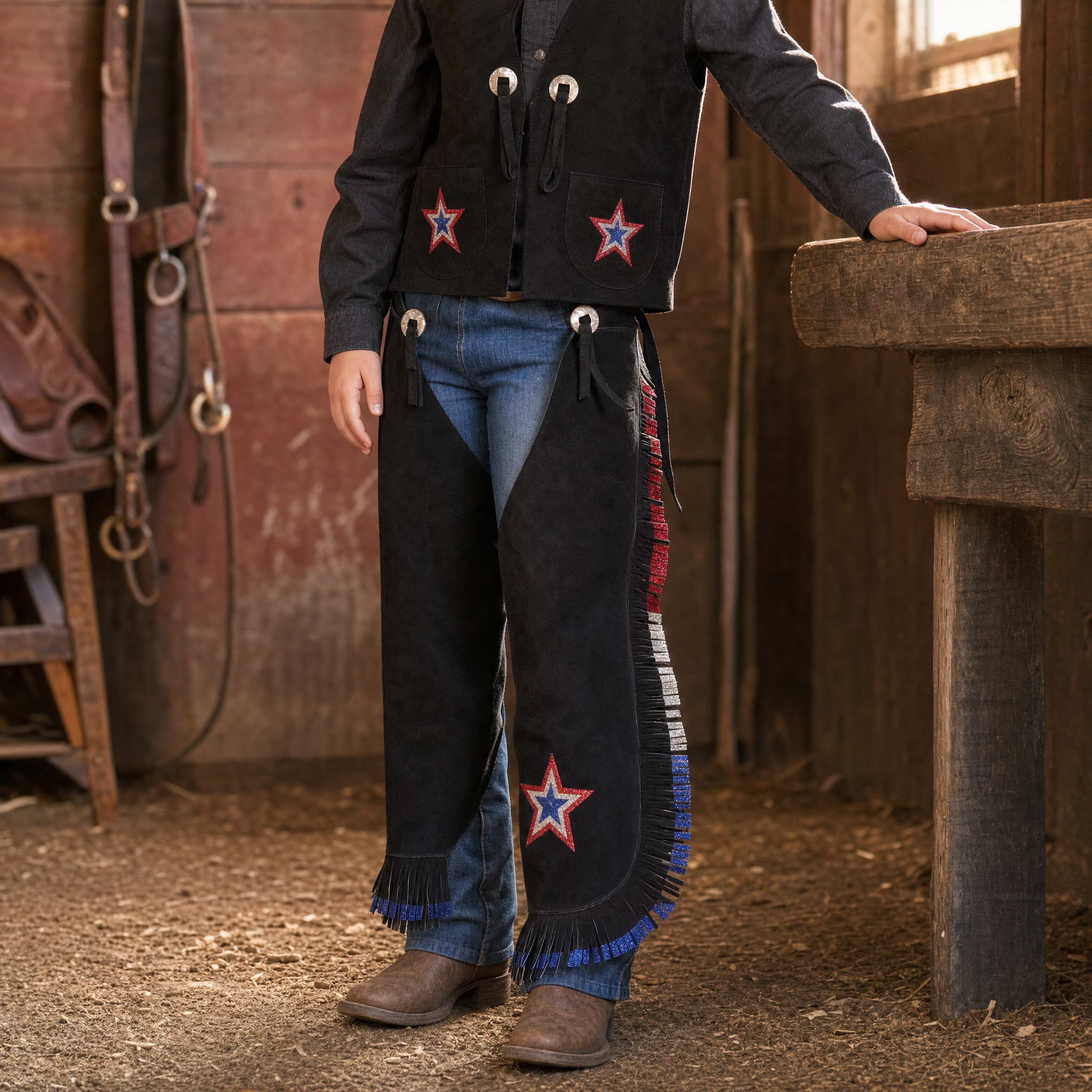 Showman Black Kids Chap and Vest Set with Glitter Stars lifestyle image showing youth western rider wearing the product