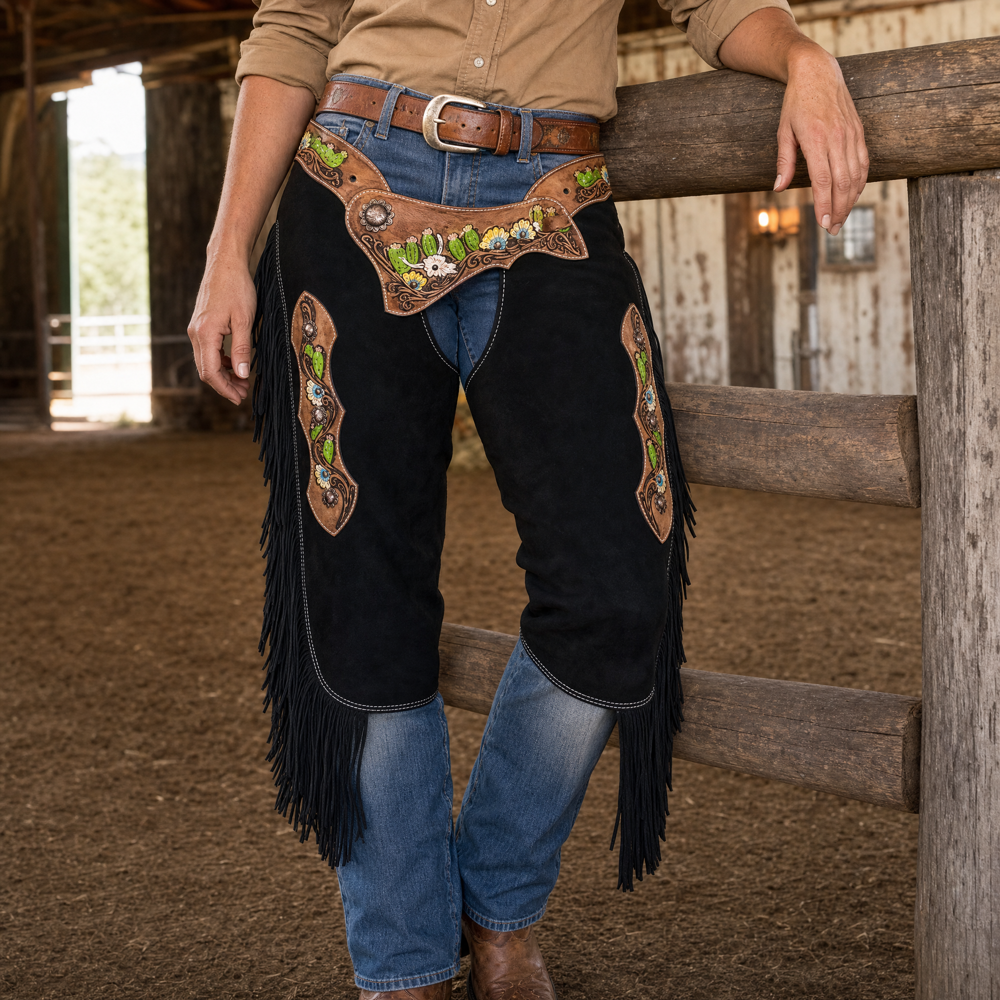 Showman Black Suede Chinks with Steer Skull and Sunflower Tooling lifestyle image showing western rider wearing leather chinks