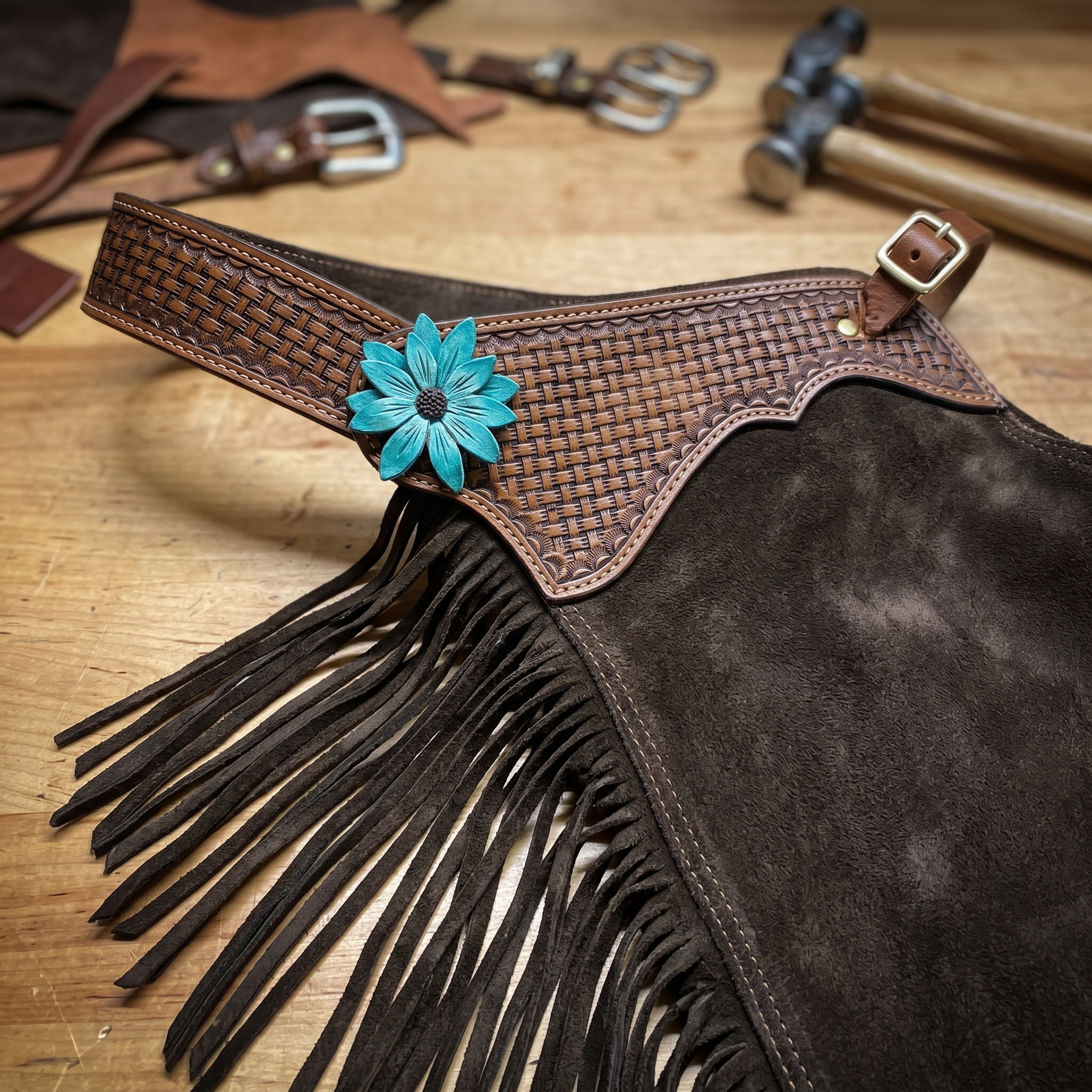 Showman Brown Suede Chinks with 3D Teal Flower Tooling close-up detail showing tooling fringe and hardware