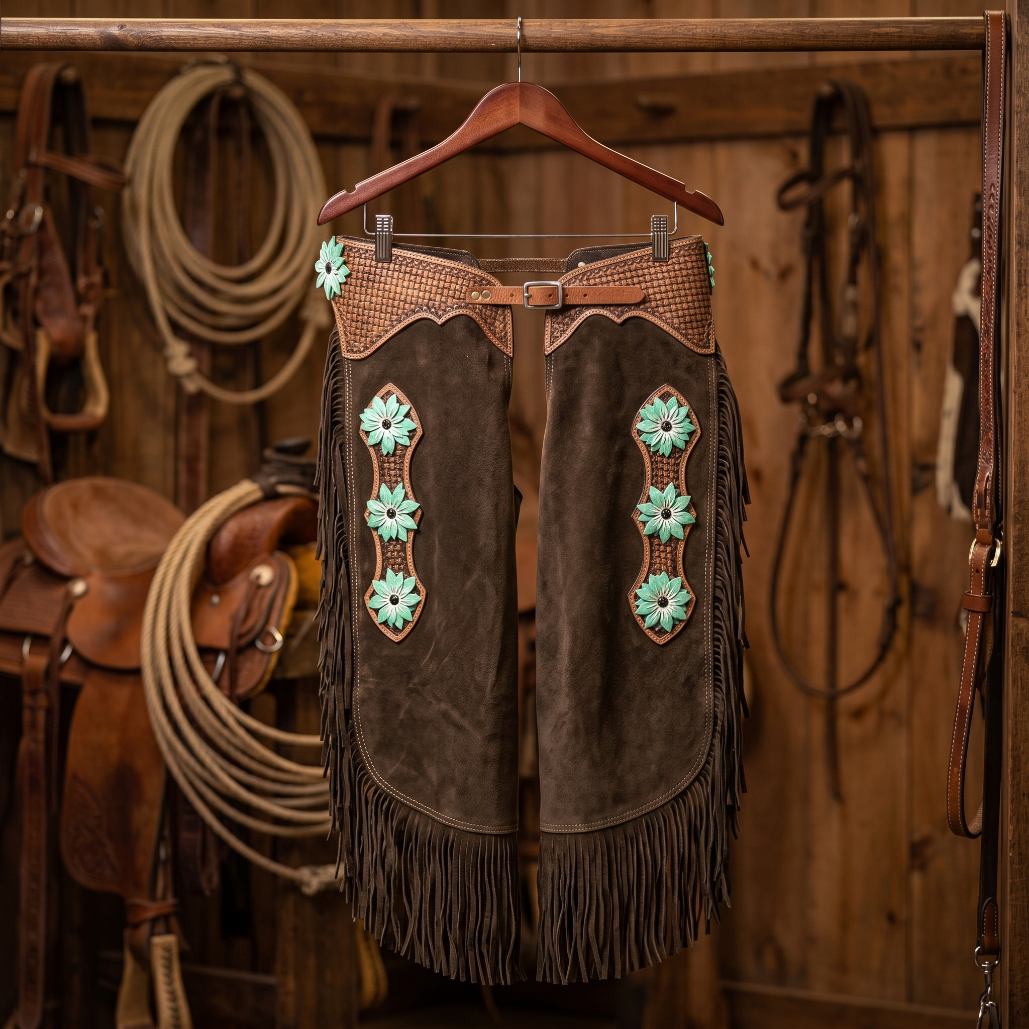 Showman Brown Suede Chinks with 3D Teal Flower Tooling shown hanging on a western tack room rack
