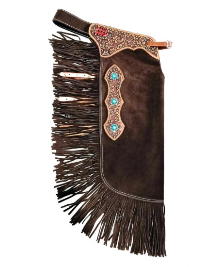 Showman Brown Suede Leather Chinks with Micro Floral Tooling Design western leather chinks product photo