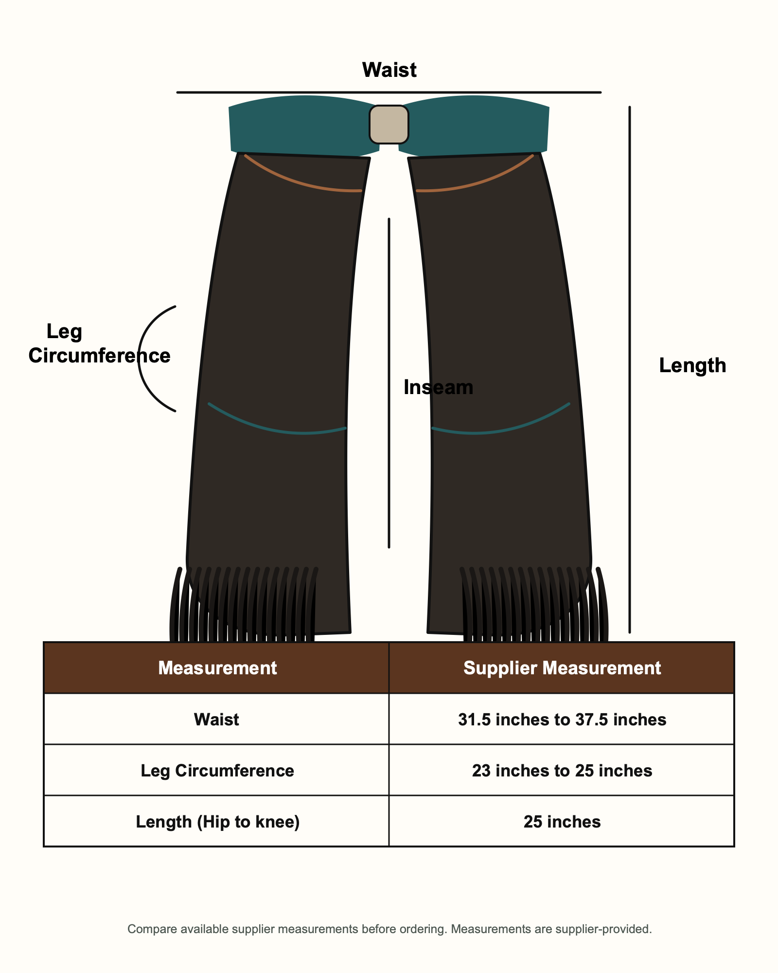 Showman Brown Suede Leather Chinks with Micro Floral Tooling Design size guide with waist leg circumference length and inseam measurements