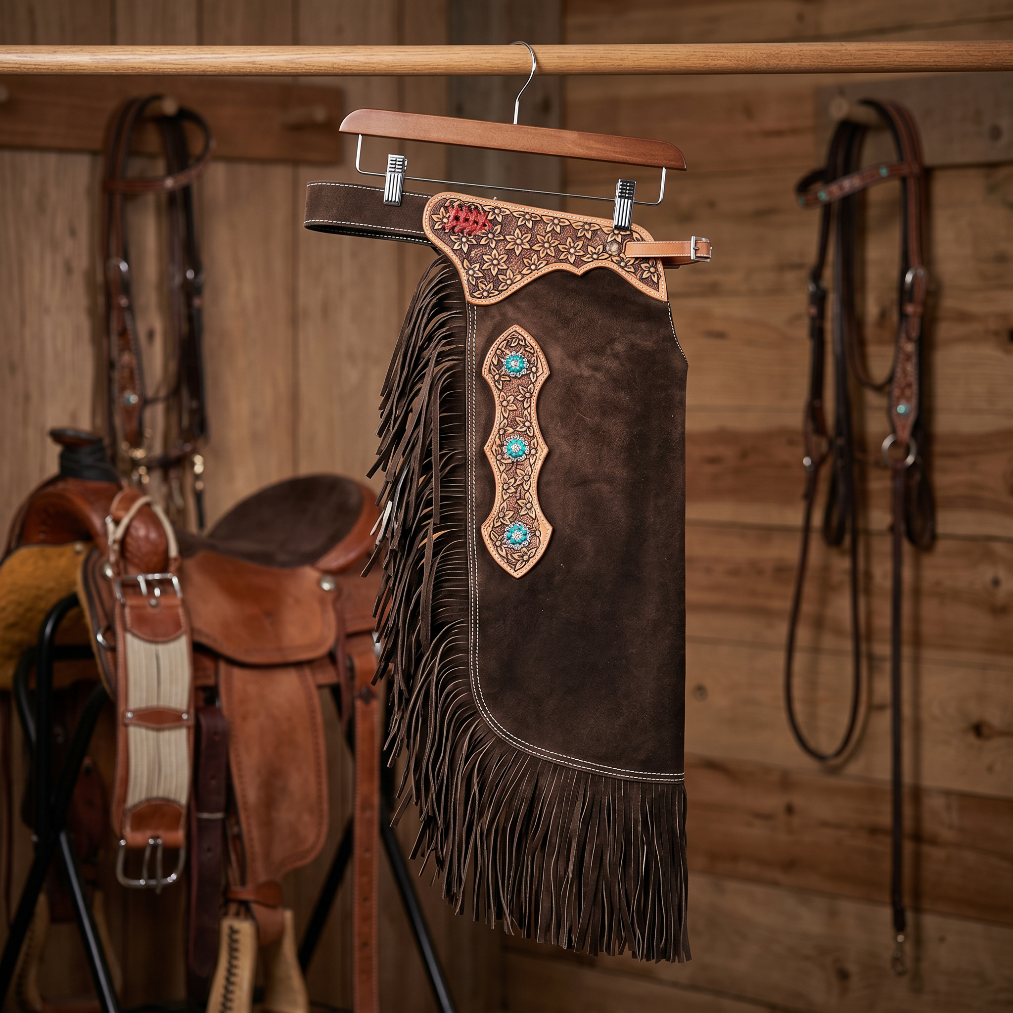 Showman Brown Suede Leather Chinks with Micro Floral Tooling Design tack-room product photo for western leather chinks product page