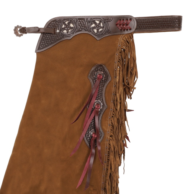 Showman Cedarwood Chinks detail view with western leather tooling fringe and hardware