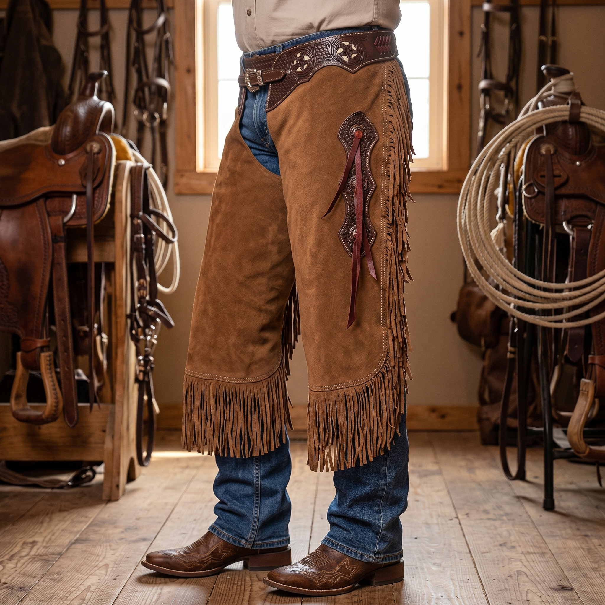 Showman Cedarwood Chinks lifestyle worn photo for western leather chinks product page