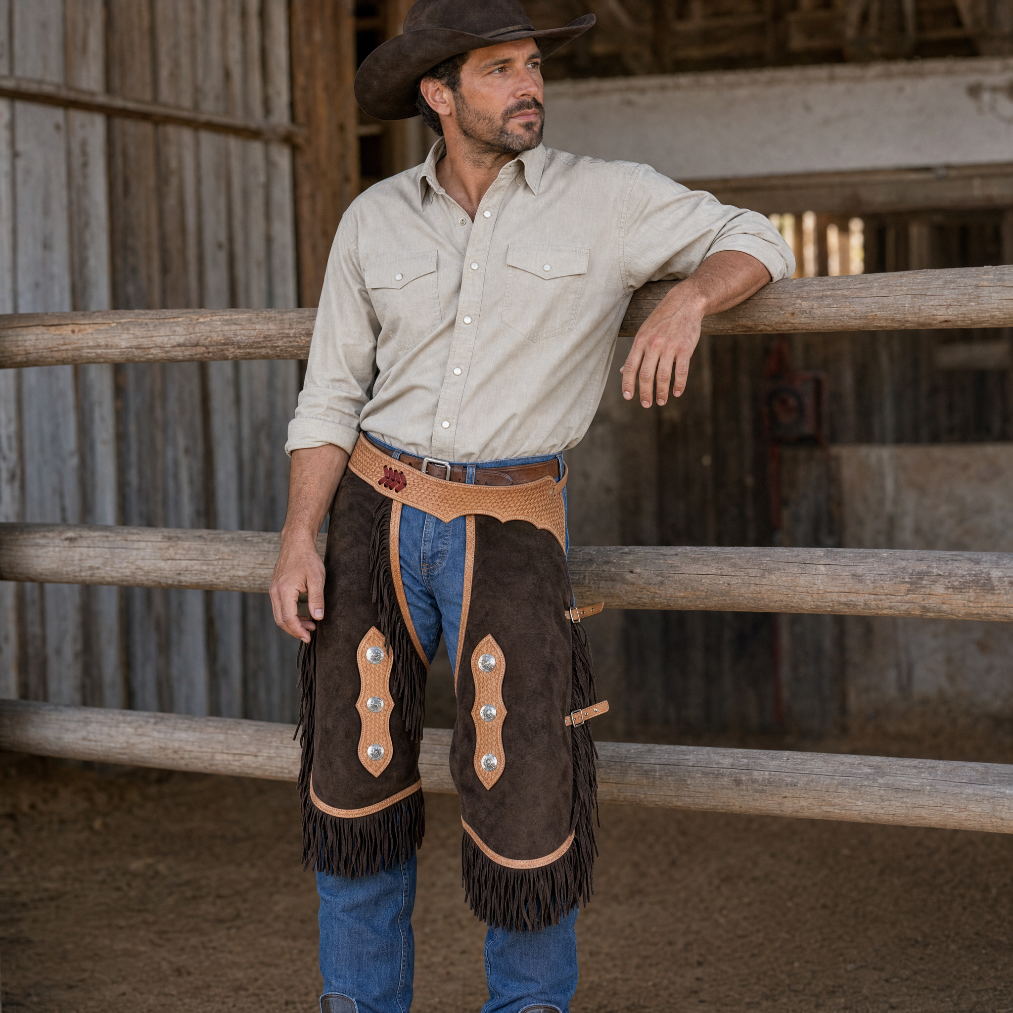 Showman Chocolate Suede Chinks with Argentina Basket Tooling lifestyle image showing western rider wearing leather chinks