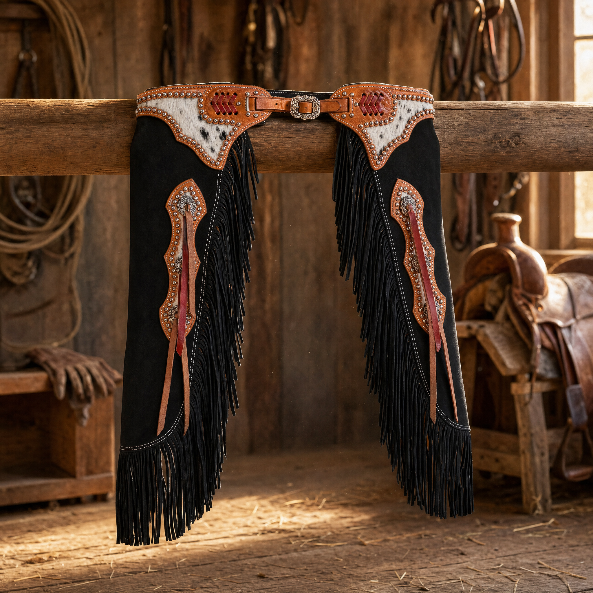 Showman Cowpuncher Black Chinks shown hanging on a western tack room rack