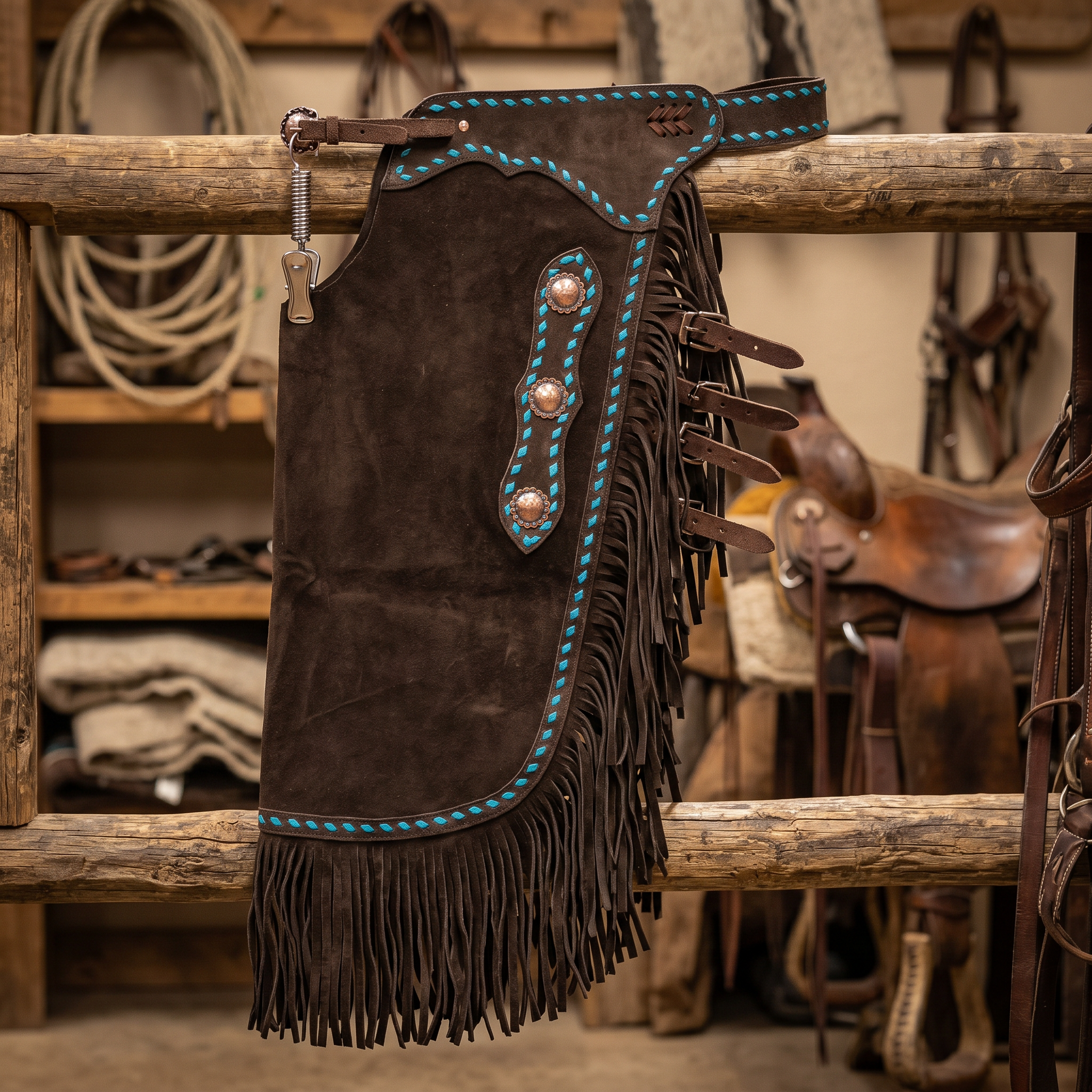 Showman Dark Brown Suede Chinks with Turquoise Buckstitch shown hanging on a western tack room rack