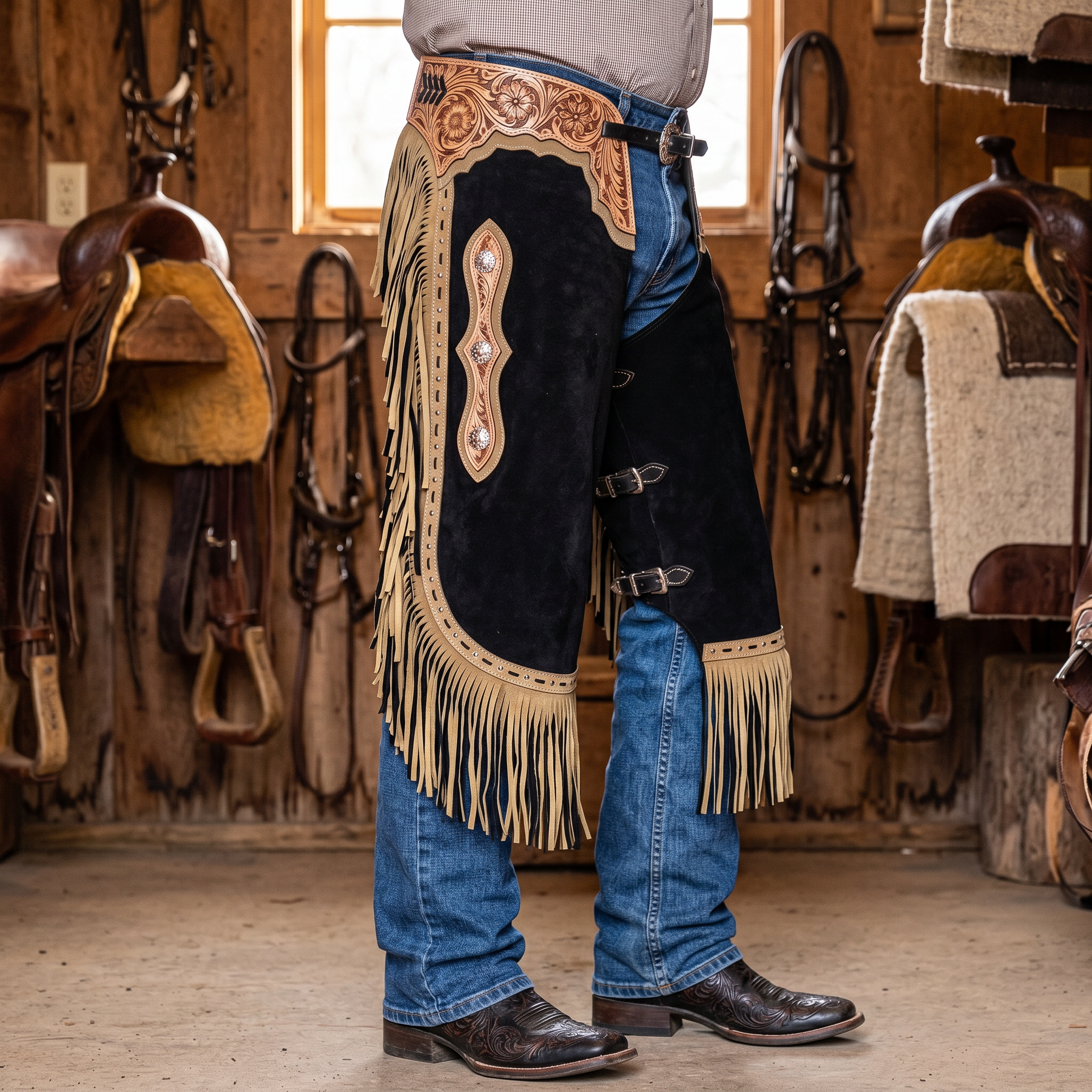 Showman Desert Noir Chinks lifestyle worn photo for western leather chinks product page
