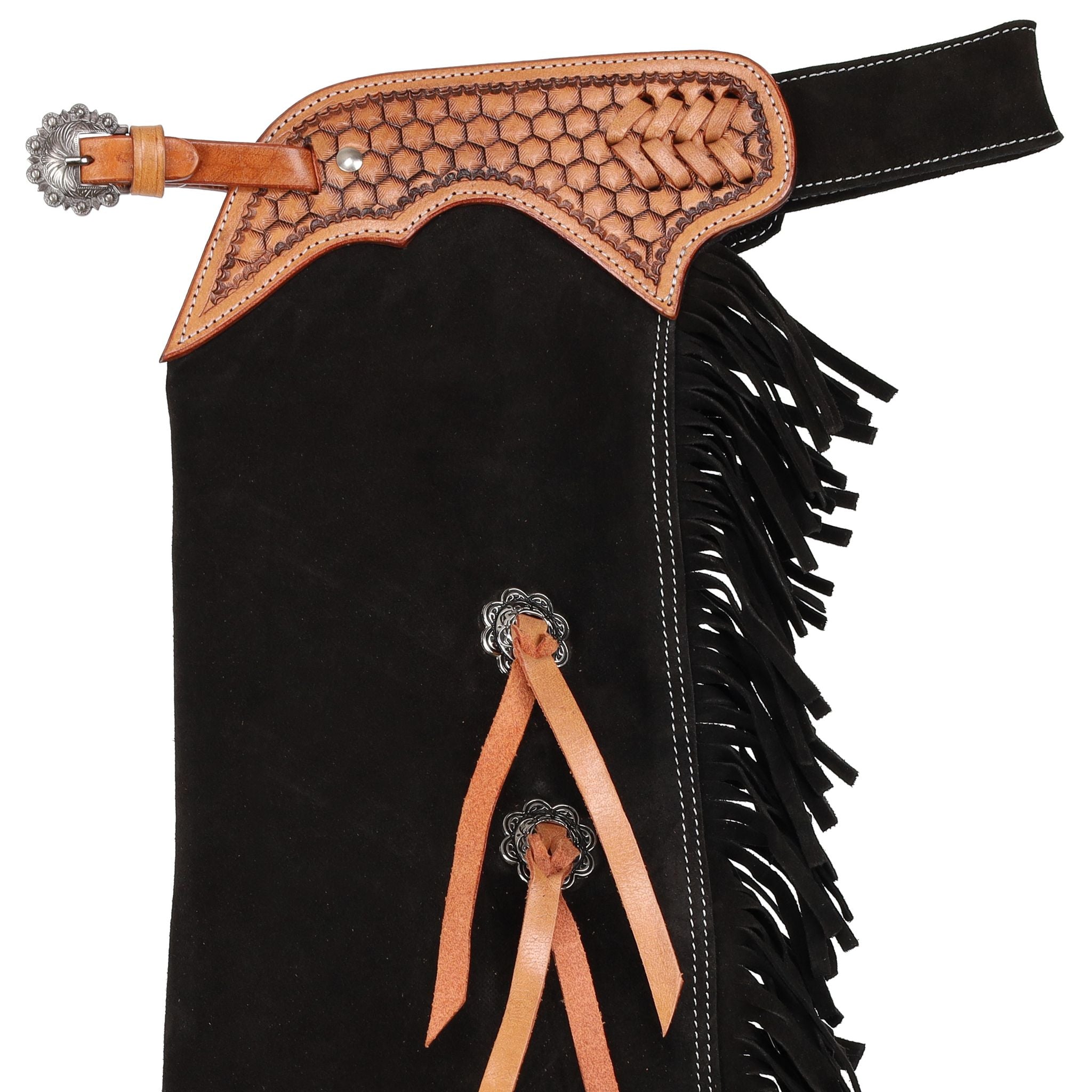 Close-up of Showman Youth Gunpowder Chinks stitching, fringe, and leather details